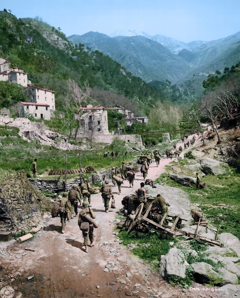  US Troops march through the Po Valley near the Italian Alps in 1944