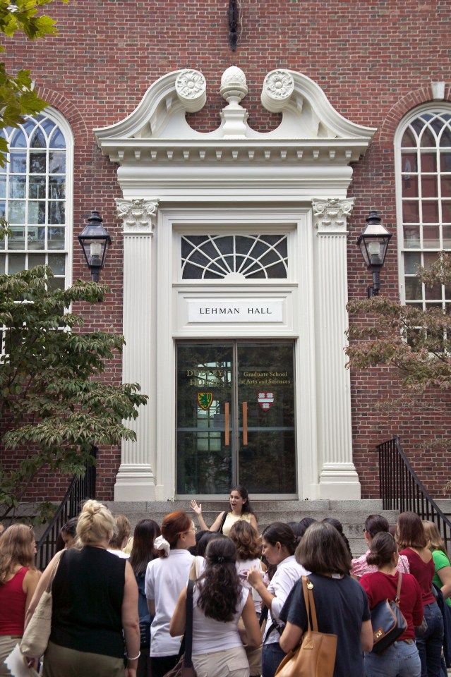 Sophomore student leads introductry tour on steps of Lehmen Hall Old Harvard Yard Harvard University Cambridge MA