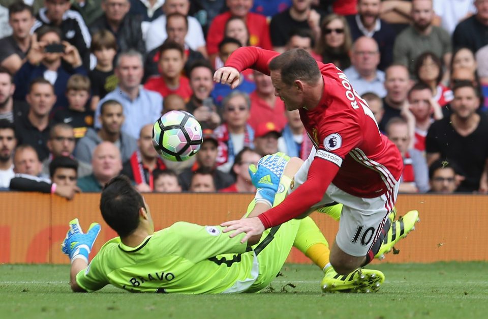 The City goalkeeper could have seen red for a challenge on Wayne Rooney