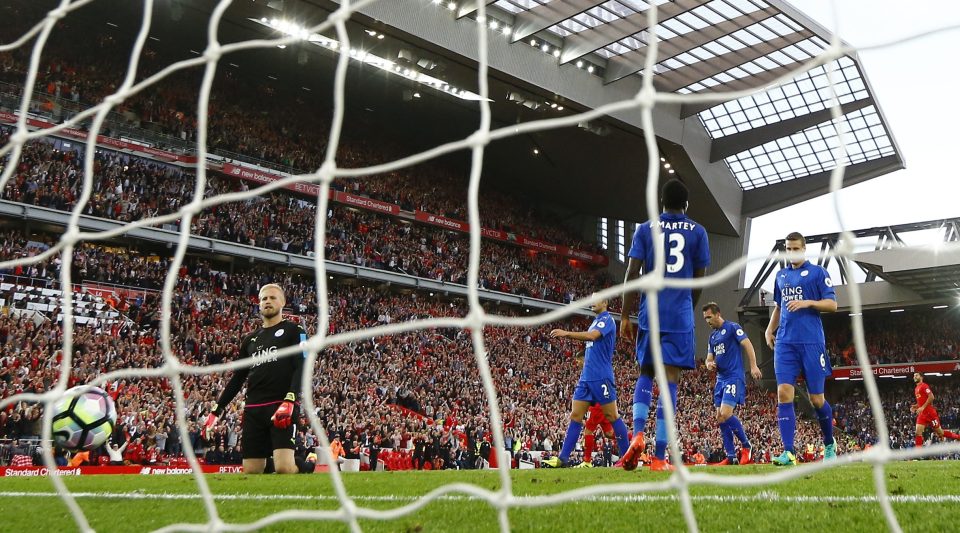  Foxes keeper Kasper Schmeichel is dejected after Roberto Firmino notches his second goal and the Liverpool fourth