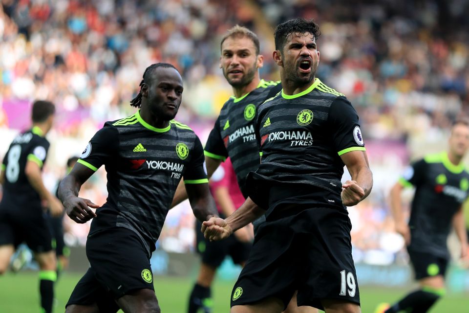 Diego Costa celebrates his equalising goal for Chelsea against Swansea