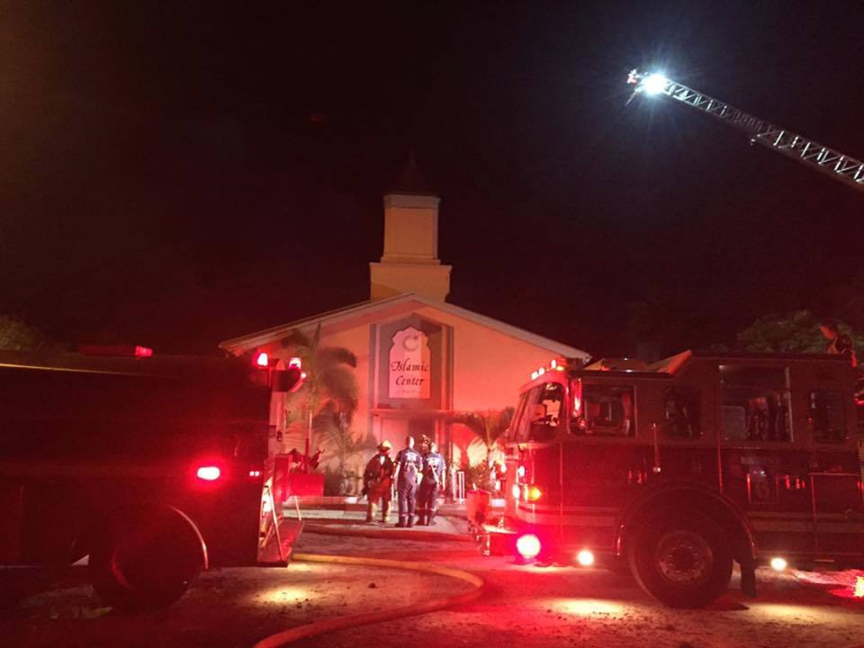  A photo from the scene shows emergency services working through the night as the mosque blaze raged