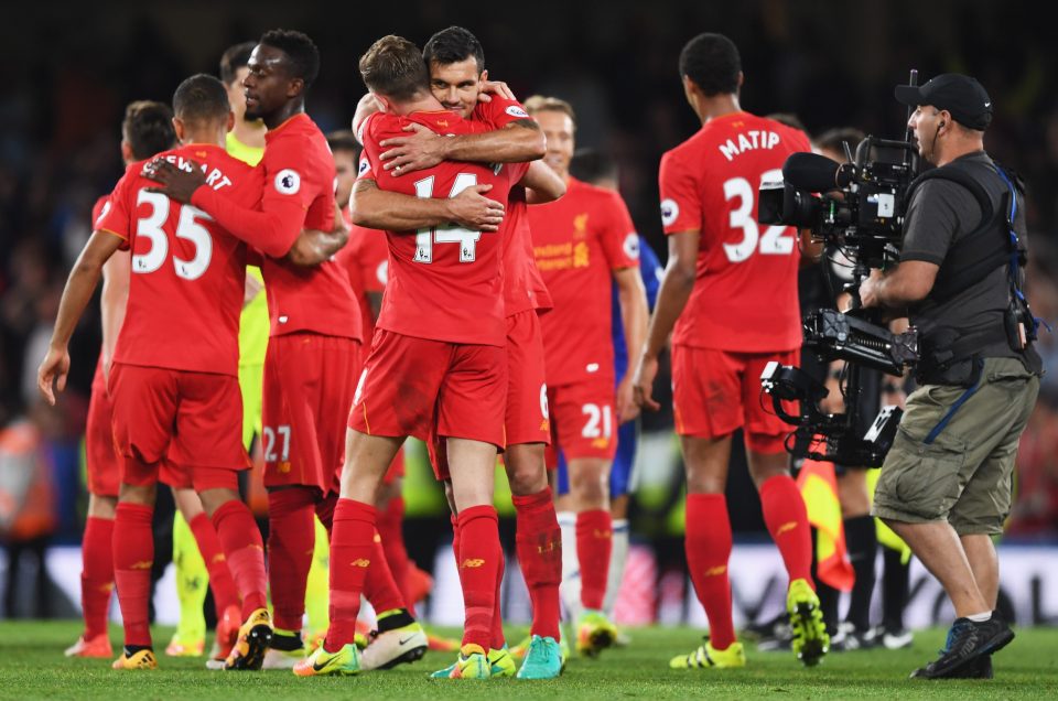  Liverpool celebrate 2-1 win against Chelsea at Stamford Bridge on Friday