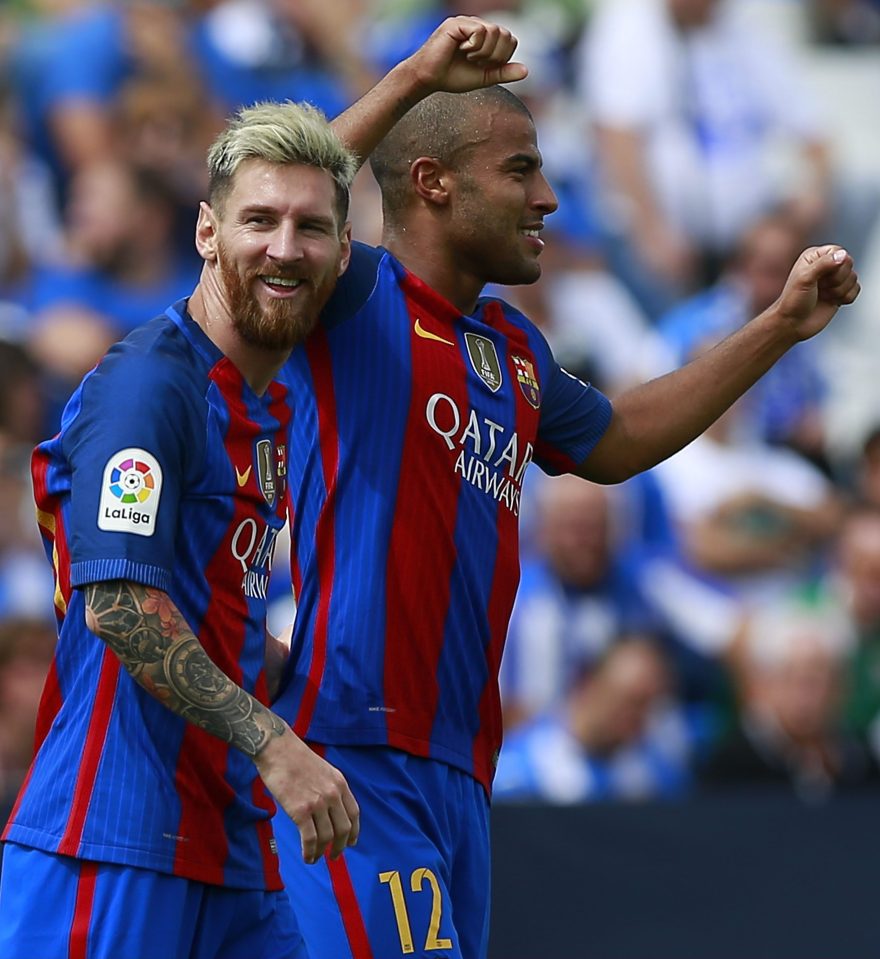  Rafinha and Messi celebrate after netting in the 5-1 romp against Leganes