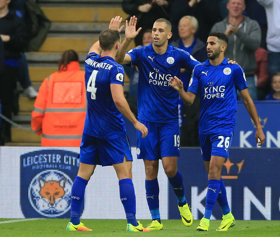  Islam Slimani is congratulated by Riyad Mahrez and Danny Drinkwater after netting his first against Burnley