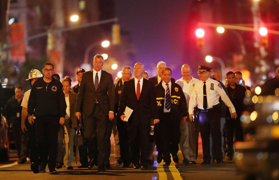  New York Police Commissioner James O'Neill and Mayor Bill de Blasio walk into a press conference following the blast