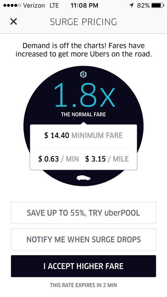  A screenshot from the Uber app showing surged prices in New York last night