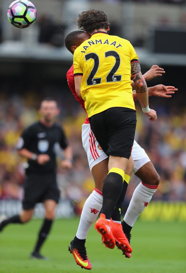  Anthony Martial and Daryl Janmaat clash heads during the first half