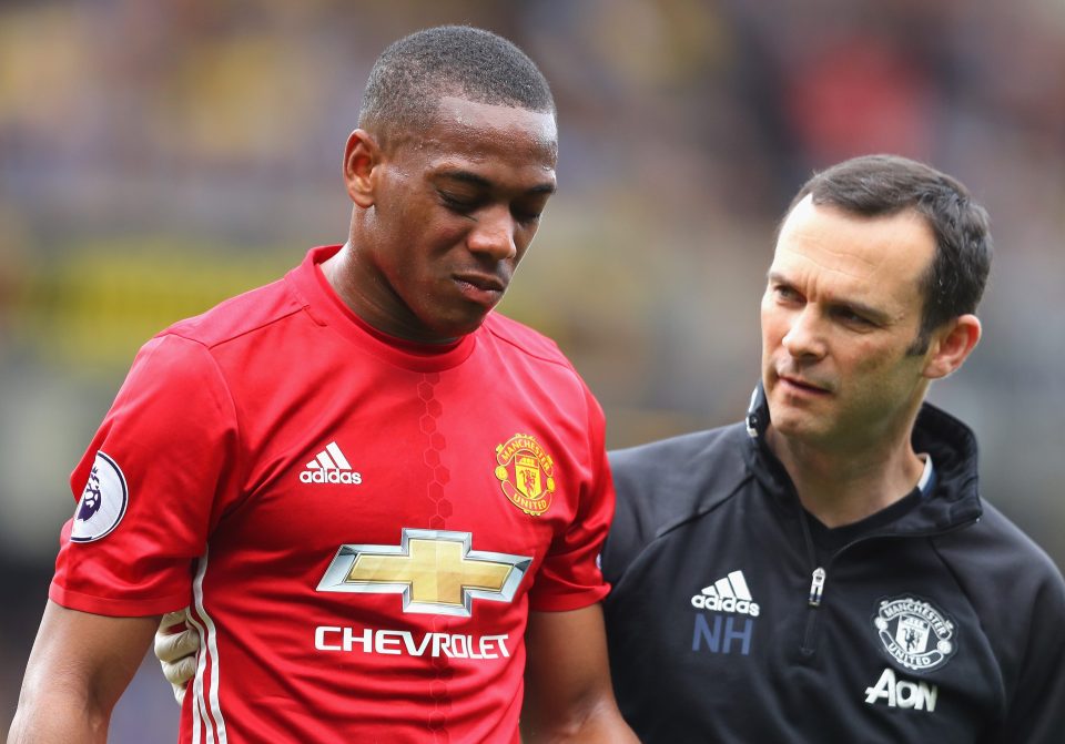  A dazed Anthony Martial went off with suspected concussion after a clash of heads