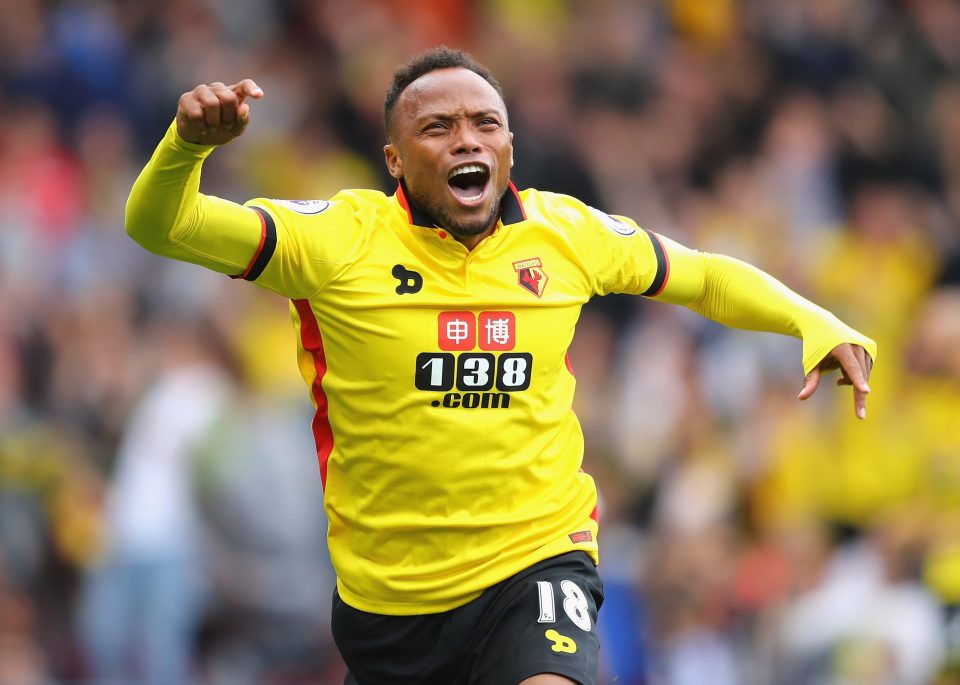  Juan Zuniga celebrates after he put Watford in front