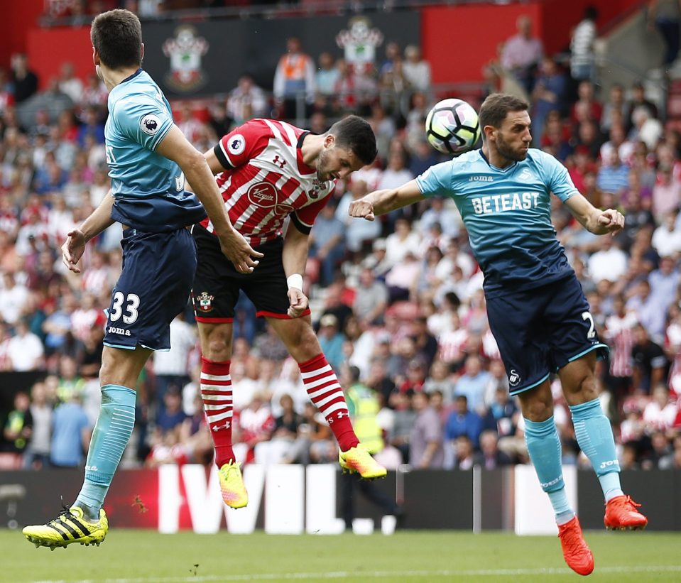  Southampton striker Shane Long heads for goal