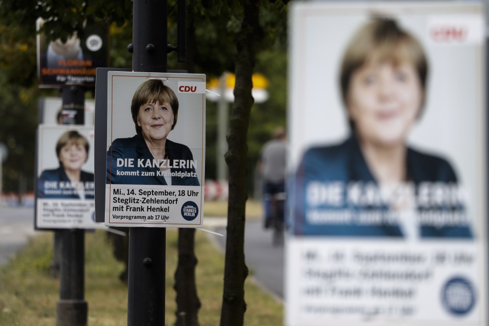  A Merkel poster announcing a election rally of her Christian Democratic Union party for the Berlin state elections