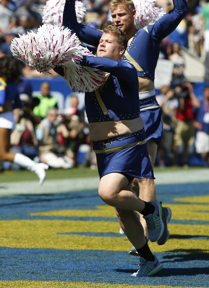 Late Late Show host James Corden dances and cheers with the Los Angeles Rams Cheerleaders