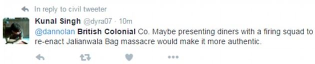  Tweet implies restaurant glorifies massacres committed by British