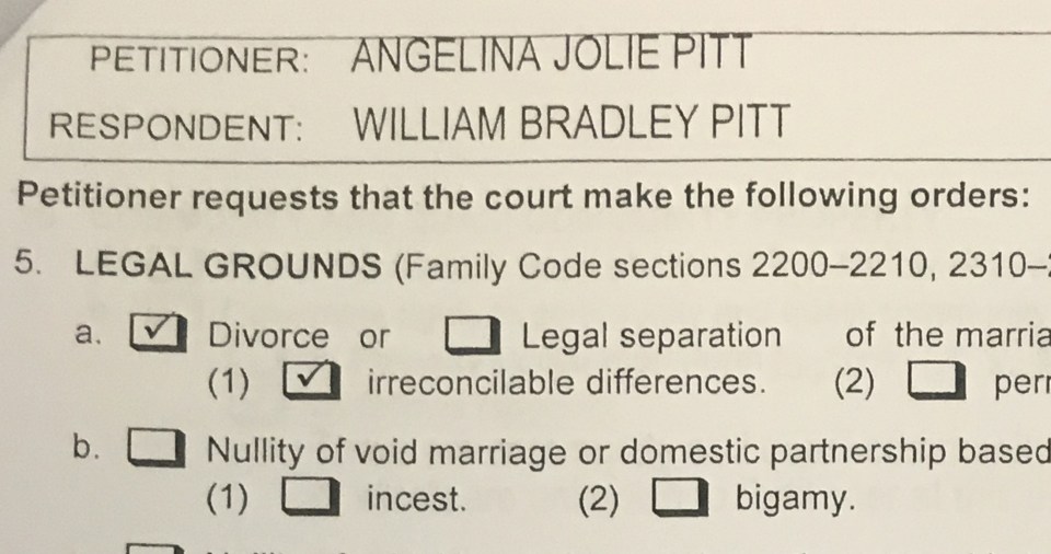  A copy of papers filed at Los Angeles Superior Court by Angelina Jolie