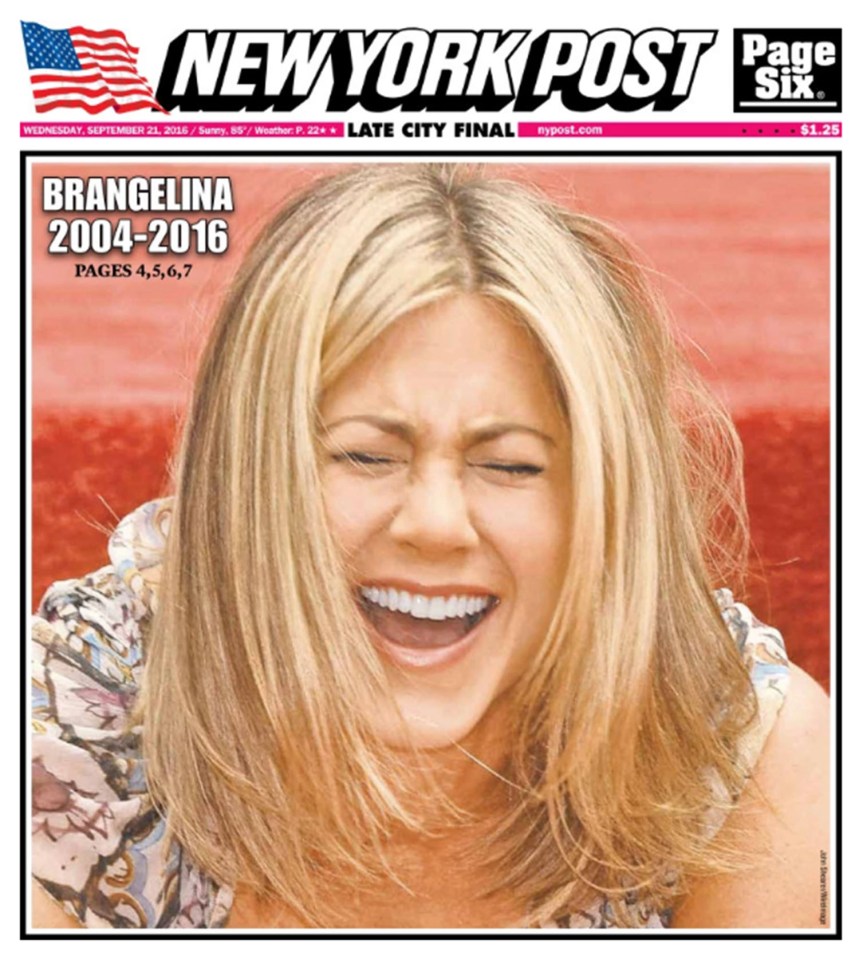  Jennifer Aniston having the last laugh on the front cover of the New York Post