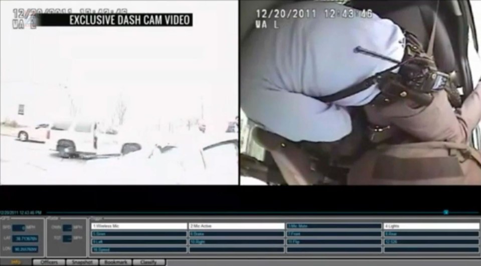  The leaked footage, is shot from two cameras inside Stockley's car - one showing the view through the windscreen and the other showing the rear seat