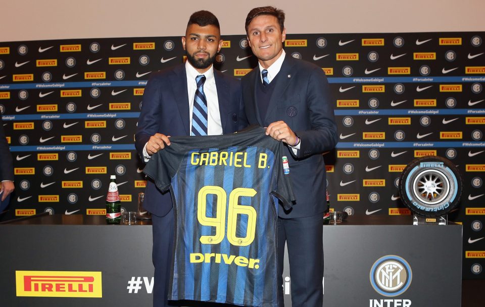  Gabriel Barbosa with Inter legend Javier Zanetti after he was unveiled by the club