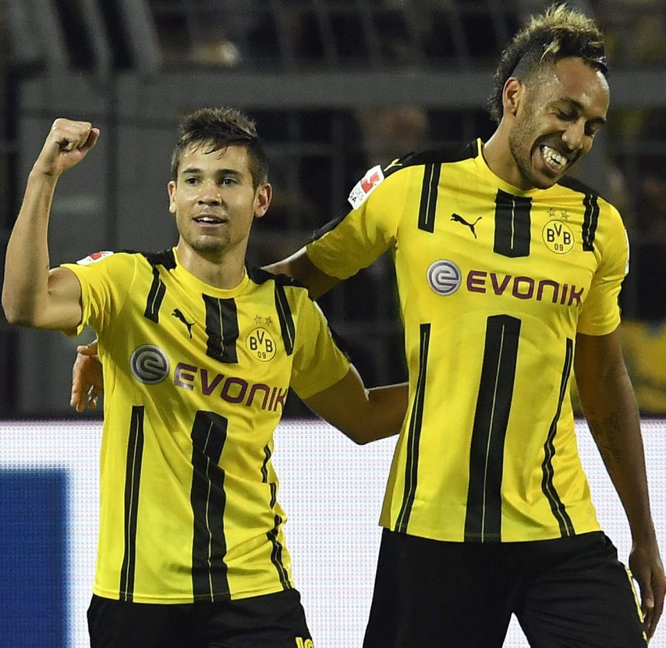  Aubameyang, right, celebrates a Dortmund goal