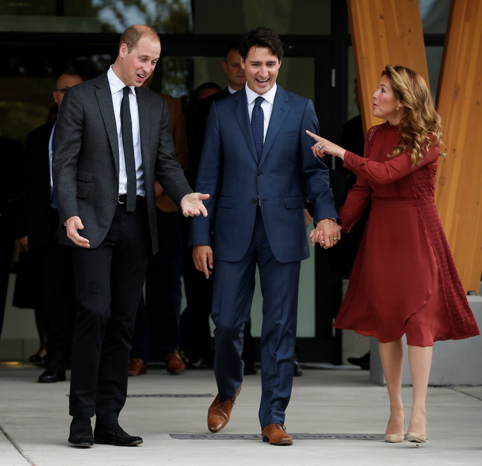 Prince William shares a joke with Canada's Prime Minister Justin Trudeau and his wife Sophie Gregoire Trudeau