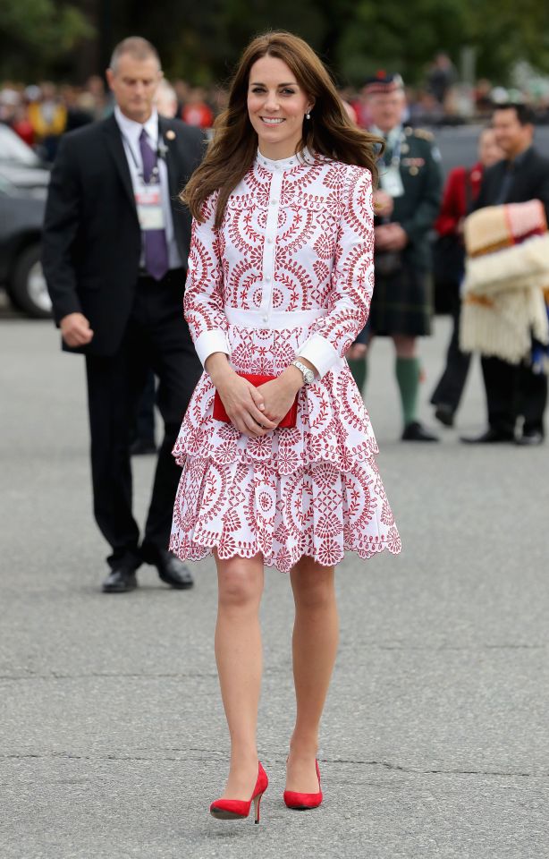 The Duchess of Cambridge smiles as she visits the Canadian Coast Guard and Vancouver First Responders Event, wearing a bold Alexander McQueen design