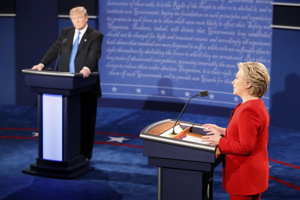  Democrat Hillary Clinton and Republican Donald Trump debate on stage