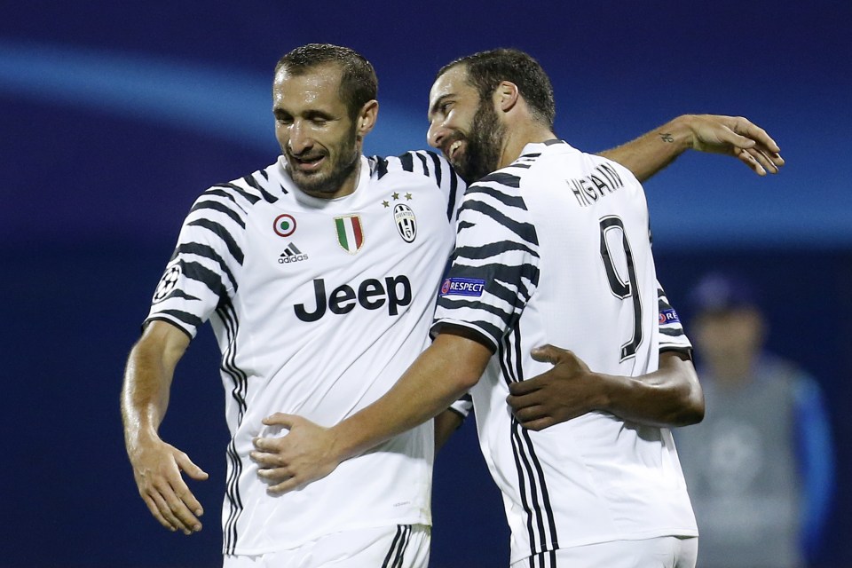  Gonzalo Higuain celebrates with team-mate Giorgio Chiellini after his cool finish put Juventus into a 2-0 lead at half-time