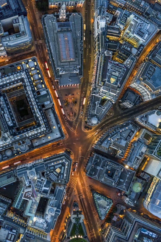  The busy junction next to the Bank of England makes for a striking image from above