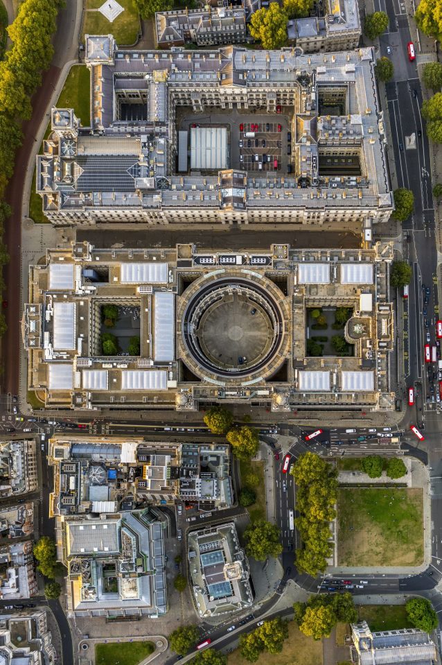  The large circular court in the Treasury building is striking from above. Beyond it near the top of the image are the Foreign Office and Downing Street