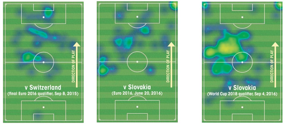  Spot the difference... Our heat maps show how Wayne Rooney's influence has changed in a short period of time