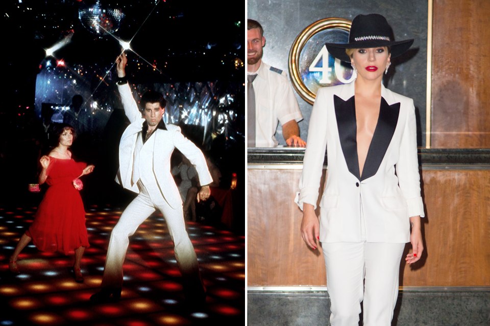  Gaga showed she was ready to disco in a JOHN ­TRAVOLTA-inspired party suit