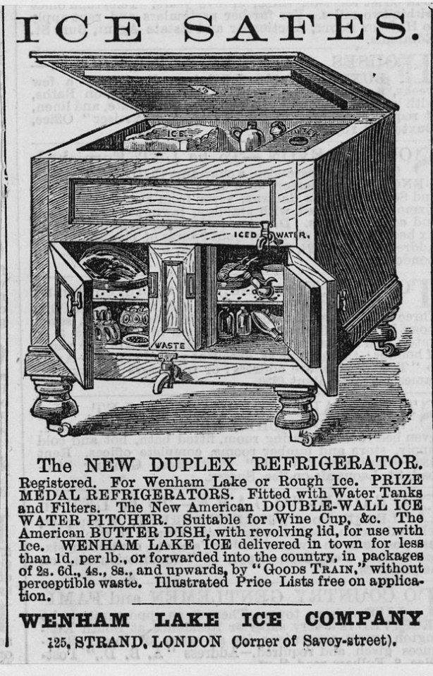  UK newspaper advert from 1874 for an "Ice Safe" refrigerator, which used ice supplied by a company hacking it from frozen lakes.