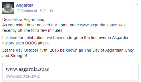 Asgardia announced on their Facebook that they were able to defeat the 'aliens' who attacked them