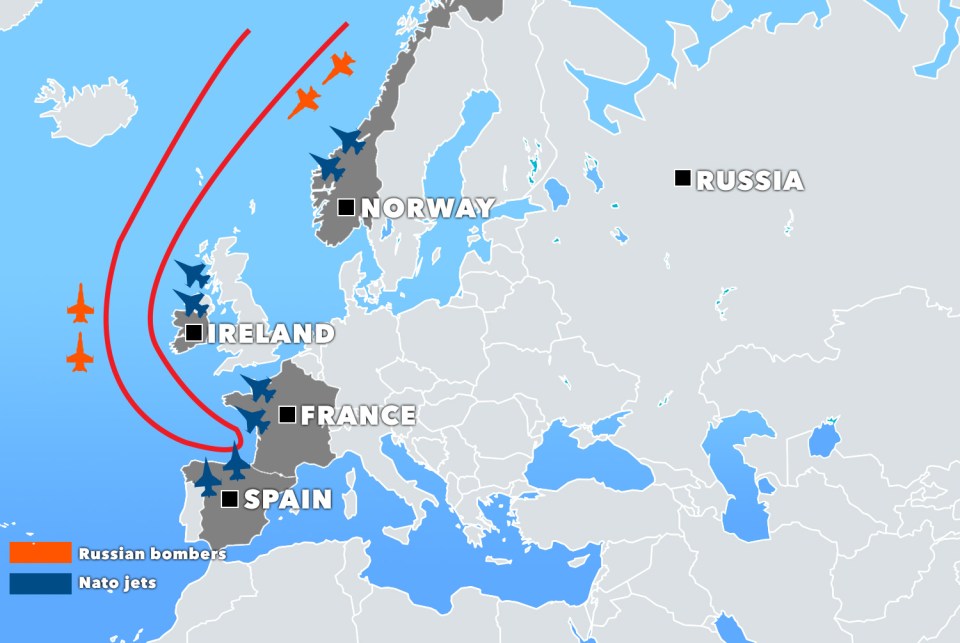  The bombers headed across the top of Scotland from Norway, before skirting Ireland's west coast towards France and Spain