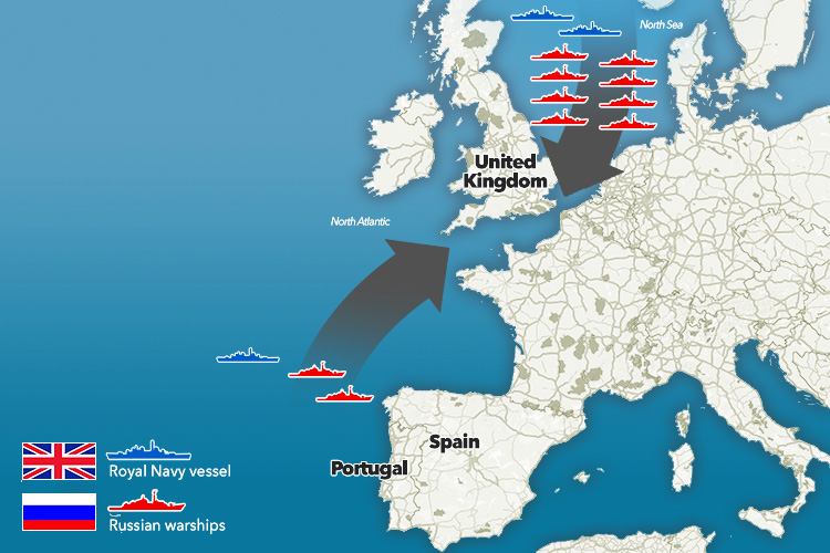  Two Russian corvettes are understood to be moving towards the English Channel to link up with a large fleet heading down the North Sea