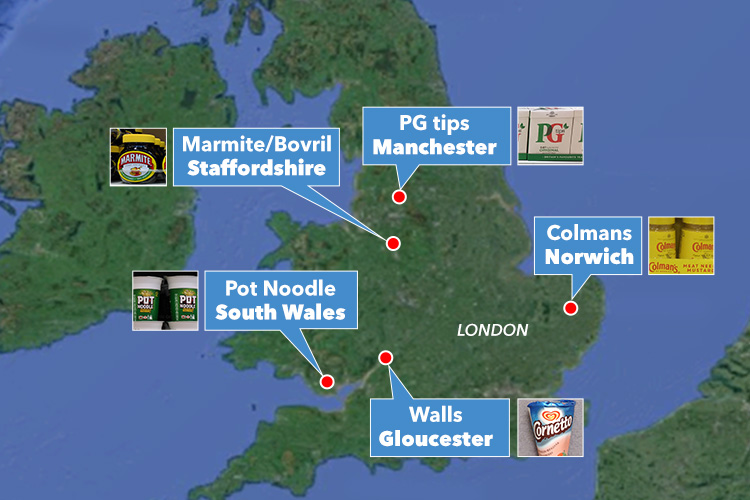  The locations round the UK where Unliver products are made