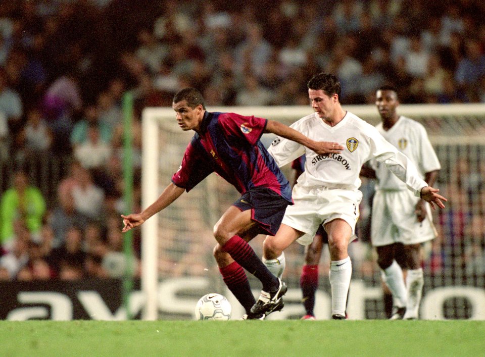  Rivaldo holds off Ian Harte as Barcelona thrashed Leeds in Nou Camp encounter