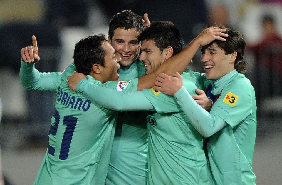  Adrian, Ibrahim Afellay, Nolito and Bojan celebrate at Barcelona in February 2011