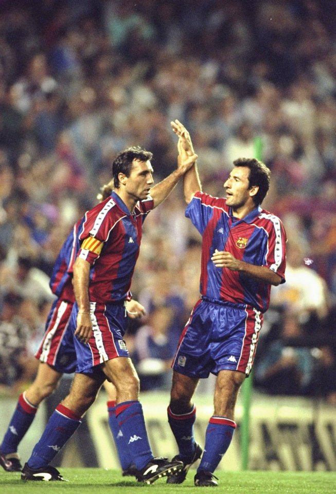  Hristo Stoichkov celebrates a goal with Txiki Begiristain (right) during match in 1994