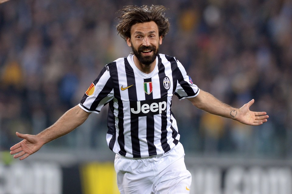 TURIN, ITALY - APRIL 10: Andrea Pirlo of Juventus celebrates scoring the first goal during the UEFA Europa League quarter final match between Juventus and Olympique Lyonnais at Juventus Arena on April 10, 2014 in Turin, Italy. (Photo by Claudio Villa/Getty Images)