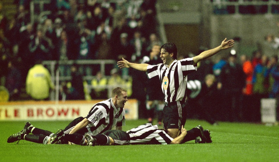  Phillipe Albert celebrates after his iconic chip over Peter Schmeichel made it 5-0