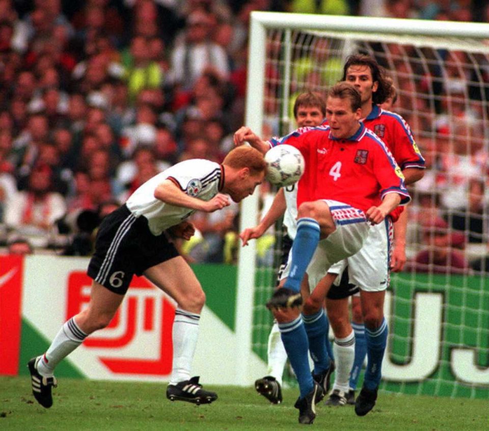  Pavel Nedved in action against Matthias Sammer in Euro 96 final at Wembley