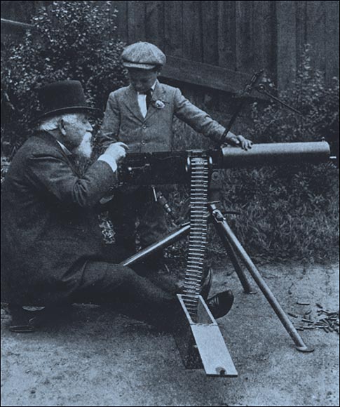  Automatic idea. Hiram Maxim (1840-1916; bearded) who invented the machine gun in 1883. He sold his invention to every major military power, just in time for World War I.