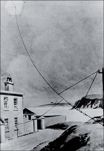  Artwork showing the antenna used by Marconi in Newfoundland to receive the first transatlantic radio signals, in 1901