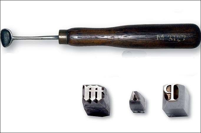  Ladle (above), used to pour molten alloy into moulds to form letters, numbers and punctuation marks (right)