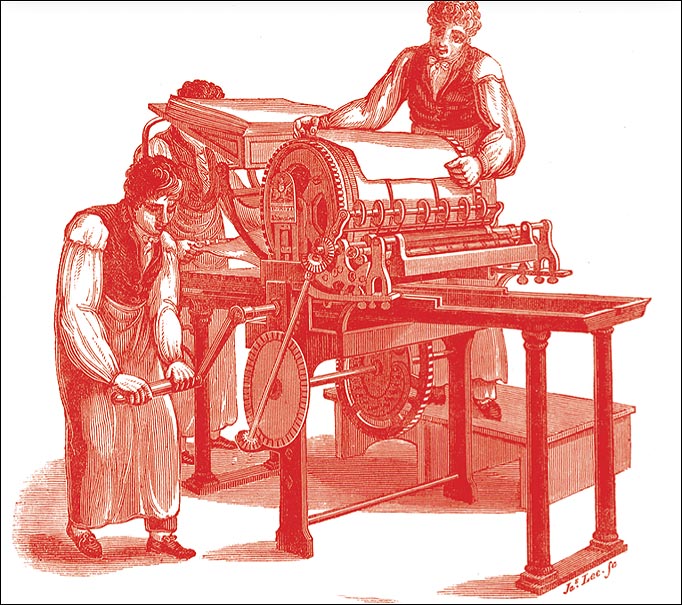  Rotary press from 1825. The paper was pressed against the type as it rolled around the large roller.