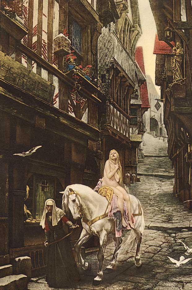  Artist's impression of Lady Godiva's horse being led through the streets of Coventry by a serving woman.