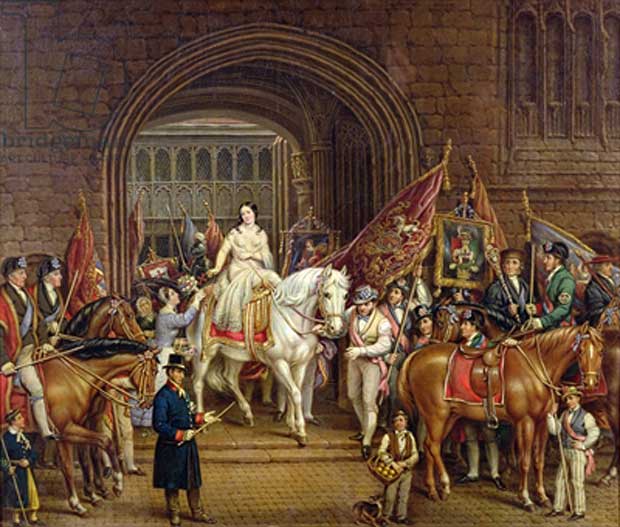  An early 19th Century painting showing a clothed Lady Godiva at the centre of a procession.