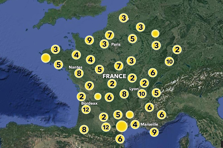  Migrants will be moved to temporary accommodation across France - numbers indicate the number of centres in that area