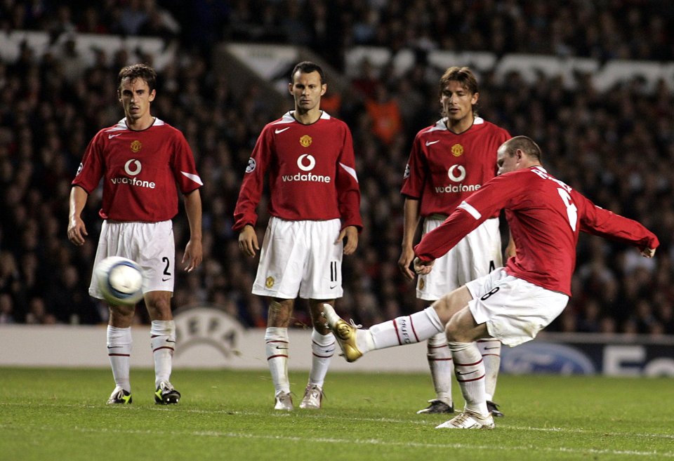  Rooney's team-mates watch on in amazement on his Champions League debut